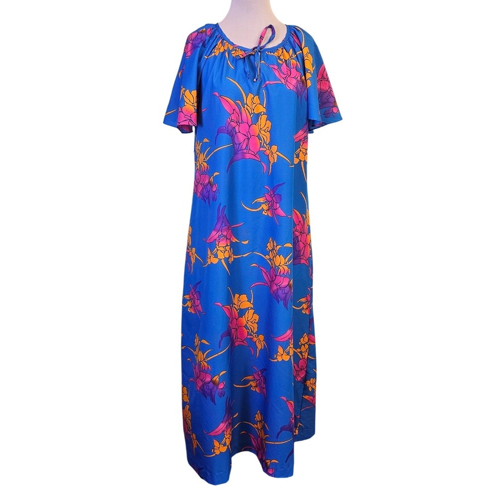 Vintage Hilo Hatties Hawaii Blue Floral Maxi Muumuu Dress Womens L USA Tiki‎